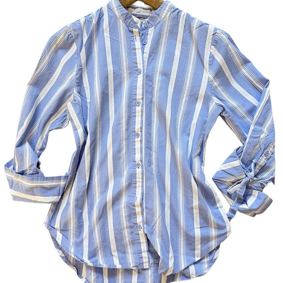 Who what wear Tops - Who what wear 100% cotton Button blouse mandarin collar coastal blue stripe